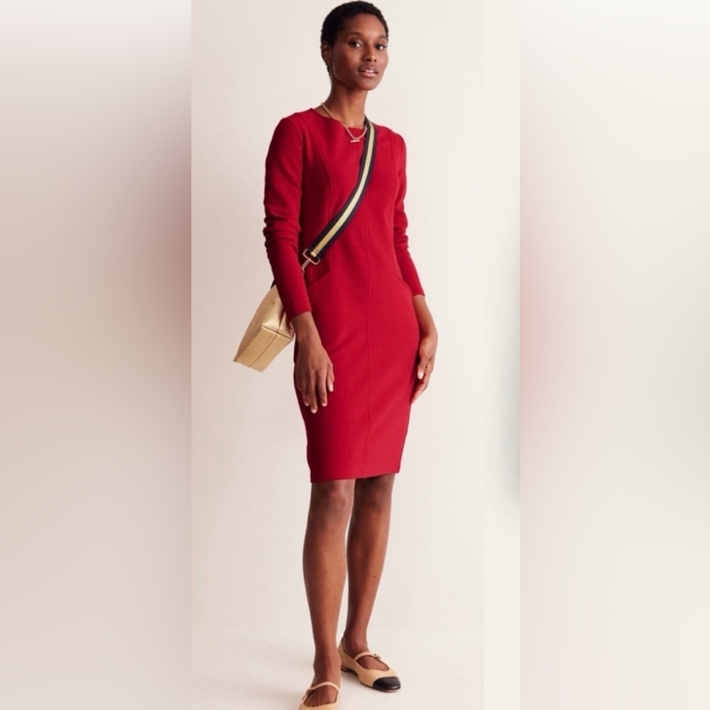 Boden Ellen Ottoman Dress Knee Length Long Sleeve Textured 16/18 Tall Salsa Red